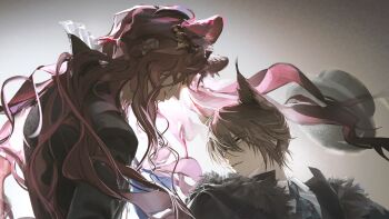 2boys animal_ears arknights artist_request black_jacket blue_necktie brown_hair cat_boy cat_ears closed_mouth game_asset hair_over_one_eye hat highres jacket leopard_boy leopard_ears long_hair looking_at_another multiple_boys necktie official_art parted_lips phantom_(arknights) phantom_(elite_ii)_(arknights) pink_hair portrait profile shirt short_hair smile third-party_source tragodia_(npc)_(arknights) unworn_hat unworn_headwear white_shirt