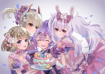 4girls alternate_costume animal_ears ayanami_(azur_lane) azur_lane blonde_hair breasts brown_hair cake cleavage closed_eyes commentary_request corset dress earrings fake_animal_ears food frilled_dress frills hair_ornament headgear holding holding_cake holding_food javelin_(azur_lane) jewelry laffey_(azur_lane) long_hair looking_at_viewer manjuu_(azur_lane) medium_breasts micchi_(umatankita) multiple_girls orange_eyes pink_dress puffy_short_sleeves puffy_sleeves purple_corset purple_eyes purple_hair rabbit_ears short_sleeves simple_background smile teeth upper_teeth_only v very_long_hair yellow_eyes z23_(azur_lane)