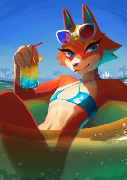 1girl absurdres animal_crossing animal_ears animal_nose audie_(animal_crossing) beach bikini blue_bikini blue_eyes blue_sky body_fur breasts closed_mouth cloud cup day drink drinking_straw eyewear_on_head flat_chest furry furry_female glasses highres holding holding_drink innertube kadim looking_at_viewer navel nintendo ocean outdoors palm_tree seaside short_hair sky smile solo sunglasses swim_ring swimsuit tail tinted_eyewear tree water wolf_ears wolf_girl wolf_tail