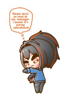 Rule 34 | 1girl, black gloves, black hair, blue jacket, blush, chibi, commentary, english text, full body, gloves, hair between eyes, hairband, highres, holding, holding phone, jacket, looking to the side, metal hairband, multicolored hair, phone, police, police uniform, policewoman, ponytail, red eyes, red hair, red streaks, ryoorin afuwu, simple background, solo, speech bubble, standing, streaked hair, symbol-only commentary, white background, zenless zone zero, zhu yuan