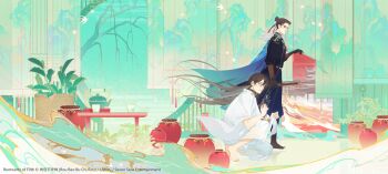 Rule 34 | 2boys, architecture, barefoot, bird, black boots, black gloves, black hair, blue cape, blue eyes, blue hanfu, boots, bracer, brown eyes, brown hair, cape, chinese clothes, closed mouth, collar, commentary, cup, east asian architecture, english commentary, flower, frown, full body, fur-trimmed cape, fur trim, gloves, green background, green sky, gu mang, hanfu, highres, holding, holding flower, holding sword, holding weapon, jar, long hair, long sleeves, looking at viewer, male focus, mo xi (yuwu), mountain print, multiple boys, official art, open mouth, plant, potted plant, red flower, red ribbon, ribbon, see-through clothes, sky, squatting, standing, suto (sakumaaritsu), sword, table, teapot, topknot, very long hair, weapon, white hanfu, wide sleeves, yuwu