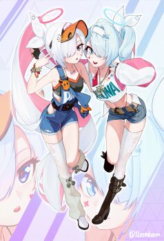1beombeom 2girls absurdres arona_(blue_archive) belt blue_archive blue_eyes blue_hair blue_halo boots bow_hairband colored_inner_hair cosplay denim denim_shorts fingerless_gloves gloves hair_over_one_eye hairband halo heart_on_cheek highres jewelry looking_at_viewer multicolored_hair multiple_girls necklace open_mouth pink_hair plana_(blue_archive) shorts single_thighhigh suspenders thighhighs torn_clothes torn_thighhighs v visor_cap white_hairband white_thighhighs wristband