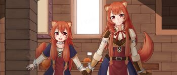 2girls :d animal_ear_fluff animal_ears armor armored_gloves bag belt black_dress blunt_bangs blush breastplate breasts brown_belt brown_gloves brown_hair carrying carrying_under_arm closed_mouth collar collarbone collared_dress commentary_request cowboy_shot curry day double-parted_bangs dress elbow_gloves eyelashes flag food gloves hair_between_eyes high_collar holding holding_bag holding_hands indoors korean_commentary layered_dress leather_armor long_sleeves looking_at_viewer medium_breasts messy_hair metal_arm_cuffs metal_collar metal_hair_tubes metal_wrist_cuffs multiple_girls neck_ribbon open_mouth pauldrons pinstripe_dress pinstripe_pattern raccoon_ears raccoon_girl raccoon_tail raphtalia raphtalia_(young) red_dress red_eyes red_ribbon ribbon short_sleeves shoulder_armor single_pauldron sleeveless sleeveless_dress smile straight-on straight_hair syhown table tail tate_no_yuusha_no_nariagari teeth time_paradox tongue two-tone_dress upper_teeth_only white_dress white_flag wooden_table