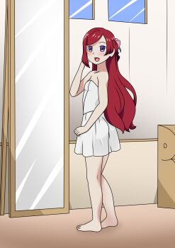 1girl absurdres barefoot corset full_body hair_ornament higeki_no_genkyou_tonaru_saikyou_gedou_last_boss_joou_wa_tami_no_tame_ni_tsukushimasu highres long_hair looking_at_viewer misaeldm pride_royal_ivy purple_eyes red_hair solo standing tagme