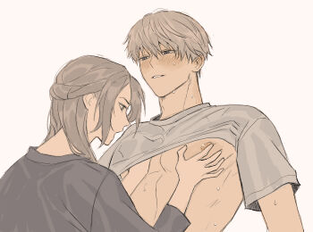 1boy 1girl black_shirt blush brown_hair clothes_lift couple furrowed_brow grabbing_another&#039;s_pectorals grey_hair grey_shirt hair_between_eyes half-closed_eyes hand_on_another&#039;s_chest hand_under_clothes hand_under_shirt hetero highres ladxena long_hair long_sleeves looking_at_another love_and_deepspace open_mouth parted_bangs parted_lips pectorals protagonist_(love_and_deepspace) shirt shirt_lift short_hair short_sleeves sweat t-shirt upper_body white_background xavier_(love_and_deepspace)