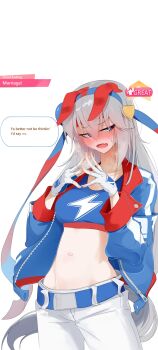 1girl absurdres animal_ears belt blue_eyes blue_hairband blue_jacket blue_sports_bra blush breasts commentary doli_palta ear_covers ear_ornament ears_down electric_eyes english_commentary fang fingerless_gloves gameplay_mechanics gloves grey_hair grey_tail hair_between_eyes hairband headband heavy_breathing highres horse_ears horse_girl horse_tail jacket lightning_bolt_print lightning_bolt_symbol long_hair long_sleeves mood_(umamusume) multicolored_hairband navel open_mouth pants red_belt red_headband small_breasts sports_bra striped_clothes striped_hairband tail tamamo_cross_(fast_as_lightning)_(umamusume) tamamo_cross_(umamusume) two-tone_hairband umamusume very_long_hair white_pants