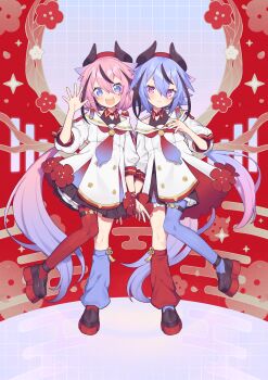 2others :&lt; :d a.i._voice absurdres ankleband asymmetrical_legwear bare_shoulders belt beret black_dress black_horns black_shorts black_streaks blue_eyes blue_hair blue_leg_warmers blue_nails blue_pantyhose buttons closed_mouth collar contrast_collar double-breasted double-parted_bangs dress egasumi fang flower frilled_shorts frills full_body gradient_hair gradient_necktie grid gynoid_talk hand_up hat headset highres horned_hat horns layered_dress leg_warmers long_hair low_ponytail low_twintails meika_hime meika_mikoto miwasiba multicolored_hair multicolored_nails multiple_others nail_polish necktie off-shoulder_dress off_shoulder official_art open_mouth package pantyhose pigeon-toed pink_eyes pink_hair platform_shoes pleated_dress plum_blossoms ponytail puffy_sleeves red_collar red_hat red_leg_warmers red_nails red_necktie red_pantyhose red_ribbon ribbon sailor_collar second-party_source shoes short_eyebrows shorts shorts_under_dress sidelocks single_leg_pantyhose single_leg_warmer smile sparkle standing standing_on_one_leg streaked_hair teeth thick_eyebrows thigh_belt thigh_strap three-quarter_sleeves twintails two-sided_dress two-sided_fabric upper_teeth_only very_long_hair white_dress wrist_ribbon