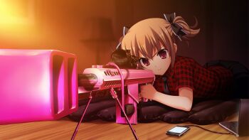 1girl aiming anti-materiel_rifle barrett_m82 bipod black_bow black_necktie black_skirt bow brown_hair cellphone closed_mouth computer concentrating cute_weapon foreshortening fumio_(ura_fmo) game_cg grisaia_(series) grisaia_no_rakuen gun hair_bow holding holding_gun holding_weapon indoors irisu_makina laptop large_variant_set lying necktie non-web_source official_art on_stomach phone plaid_clothes plaid_shirt pleated_skirt red_eyes red_shirt rifle scope shirt short_hair short_sleeves short_twintails skirt smartphone smile sniper_rifle solo twintails usb_cable variant_set weapon wooden_floor
