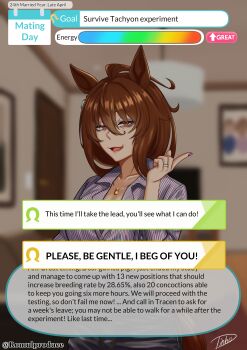 1girl absurdres aged_up agnes_tachyon_(umamusume) ahoge alternate_costume animal_ears black_bra blurry blurry_background bra breasts brown_hair cleavage collarbone commentary english_commentary english_text hair_between_eyes hand_up highres horse_ears horse_girl indoors jewelry light_smile looking_at_viewer mature_female necklace open_mouth purple_nails red_eyes romulproduce shirt signature speech_bubble tear_troughs twitter_username umamusume underwear user_interface