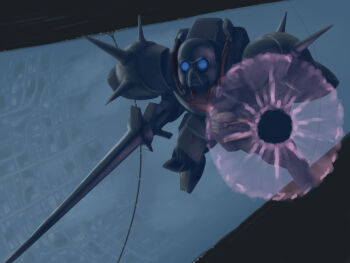 beam_shield blue_eyes commentary_request cosmo_babylonia crossbone_vanguard den&#039;an_zon energy_barrier energy_shield gundam gundam_f91 highres machinery makeinu_(makeinu_3renpai) mecha mecha_focus mobile_suit no_humans o&#039;neill_cylinder realistic robot scene_reference science_fiction shot_lancer shoulder_spikes solo space space_habitat spikes zero_gravity