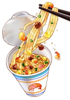 absurdres chopped_spring_onion chopsticks commentary_request food food_focus highres instant_noodles instant_ramen no_humans noodles original ramen shrimp simple_background white_background yamamoto_hanabi