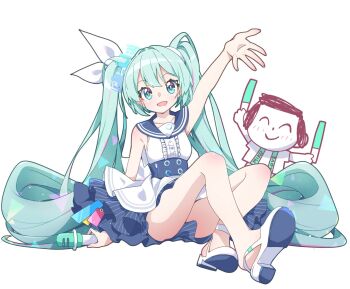 1girl absurdly_long_hair aqua_halo aqua_nails arm_up armpits blue_archive blue_eyes blue_hair blue_sailor_collar blush bow breasts center_frills collarbone commentary_request dress fingernails frilled_dress frills fuusen_neko hair_between_eyes hair_ornament halo hatsune_miku hatsune_miku_(blue_archive) high-waist_skirt highres holding holding_microphone long_hair medium_breasts microphone multicolored_hair nail_polish open_mouth pink_hair sailor_collar scrunchie sensei_(blue_archive) simple_background sitting skirt sleeveless sleeveless_dress smile solo tattoo tilted_halo twintails very_long_hair vocaloid white_background white_dress white_scrunchie white_skirt wrist_scrunchie