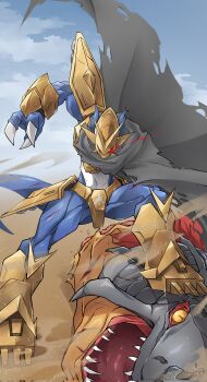 armor black_cloak chimairamon cloak commentary digimon digimon_(creature) dragon english_commentary gamr1p glowing glowing_eye gold_armor gold_helmet highres magnamon red_eyes slit_pupils solo_focus yellow_eyes