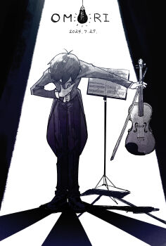 1boy absurdres alternate_costume antenna_hair bow_(music) bowing bowing_and_scraping copyright_name dated full_body highres holding holding_bow_(music) holding_instrument holding_violin instrument leaning_forward male_focus music_stand omori shakomori_w sheet_music solo sunny_(omori) violin