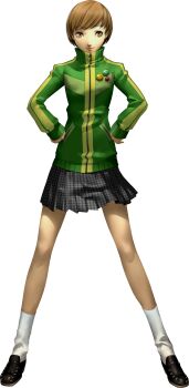1girl absurdres badge brown_eyes brown_hair button_badge full_body hands_on_own_hips highres houndstooth jacket legs_apart official_art persona persona_4 photoshop_(medium) satonaka_chie short_hair skirt smile smiley_face socks soejima_shigenori solo standing tachi-e third-party_source track_jacket transparent_background zipper