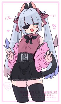 1boy :o animal_ears bare_shoulders black_bow black_bowtie black_corset black_skirt black_tail black_thighhighs blue_eyes blue_hair blunt_bangs blush bow bowtie bulge cardigan cat_boy cat_ears cat_tail collared_shirt colored_tips commentary corset cowboy_shot crossdressing crossdressing_(mtf) double_v earclip extra_ears eyepatch fang flipped_hair frilled_shirt frilled_skirt frills from_below hair_bow hair_intakes hair_ornament hands_up heart heart_hair_ornament highres long_hair long_sleeves male_focus miniskirt multicolored_hair narrowed_eyes no_nose off_shoulder one_eye_covered op_na_yarou open_cardigan open_clothes open_mouth original panties pink_bow pink_cardigan pink_shirt quad_tails raised_inner_eyebrows red_hair rigel_(op_na_yarou) see-through_clothes see-through_skirt shirt sidelocks simple_background skirt sleeveless sleeveless_shirt solo standing straight_hair sweatdrop tail thighhighs thighs trap underwear v very_long_hair watermark white_background white_hair