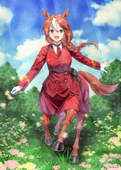 1girl :d absurdres animal_ears black_eyes blue_sky borrowed_character braid braided_ponytail breasts brown_hair buttons centaur chisamikan cloud commentary commission day double-breasted flower full_body gloves grass hair_between_eyes highres hooves horse_ears horse_tail jacket large_breasts light_rays long_hair long_sleeves looking_at_viewer military_uniform monster_girl multicolored_hair multiple_legs necktie open_mouth original outdoors red_jacket red_necktie red_skirt saddle shadow shirt sidelocks signature skeb_commission skirt sky smile solo streaked_hair tail taur teeth tree two-tone_hair underbust upper_teeth_only walking walking_towards_viewer white_gloves white_hair white_shirt