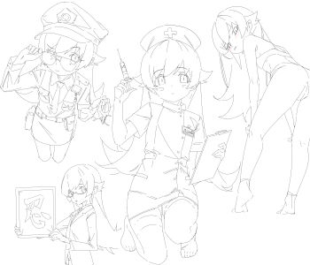 1girl absurdres adjusting_eyewear ass asymmetrical_dual_wielding bare_arms barefoot belt_buckle belt_pouch blush blush_stickers buckle buttons clipboard closed_mouth cropped_legs cross cuffs dot_nose dress dress_shirt dual_wielding expressionless feet flipped_hair from_above from_below from_side full_body glasses hair_flaps hand_up handcuffs hands_on_own_knees hat heel_up highres holding holding_clipboard holding_handcuffs holding_sign holding_syringe jacket kneepits leaning_forward leggings lineart long_hair long_sleeves looking_at_viewer monogatari_(series) multiple_views name_tag necktie nurse nurse_cap on_one_knee oshino_shinobu pencil_skirt pointy_ears police police_hat police_uniform policewoman pouch raised_eyebrow shirt shishirui_san short_sleeves sign simple_background skirt sports_bra straight-on syringe thighhighs tie_clip turtleneck turtleneck_dress two-handed uneven_eyes upper_body very_long_hair walkie-talkie white_background