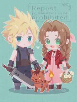 1boy 1girl absurdres aerith_gainsborough ahoge animal aqua_background aqua_eyes arestear0701 armor artist_name basket belt blonde_hair blue_pants blue_shirt blush body_markings boots braid braided_ponytail brown_belt brown_boots brown_gloves brown_hair chibi chibi_only choker closed_mouth cloud_strife commentary_request couple dress facial_mark feather_hair_ornament feathers final_fantasy final_fantasy_vii final_fantasy_vii_remake fire flame-tipped_tail flower_basket flower_choker full_body gloves green_eyes hair_ornament hair_ribbon hetero highres holding holding_basket holding_hands holding_sword holding_weapon jacket long_dress long_hair looking_at_viewer open_mouth pants parted_bangs pauldrons pink_dress pink_ribbon red_jacket red_xiii ribbon scar scar_across_eye scar_on_face shirt short_hair shoulder_armor sidelocks silver_bangle single_bare_shoulder single_braid single_pauldron sleeveless sleeveless_turtleneck smile spiked_hair standing suspenders sword tail turtleneck weapon yellow_eyes