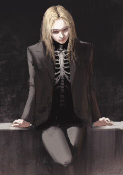 1girl 2024 absurdres armald0 artist_name blonde_hair bone coat commentary dated english_commentary highres long_hair looking_down open_clothes open_coat original ribs solo