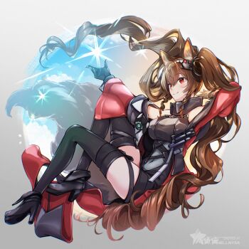 Rule 34 | angelina (arknights), animal ear fluff, animal ears, arknights, arknights: endfield, belt, black boots, black gloves, black thighhighs, boots, bracelet, breasts, brown hair, commentary request, covered navel, dress, floating hair, fold-over boots, fox ears, fox girl, fox tail, full body, gilberta (arknights), gloves, grey dress, hand up, hands up, headpiece, hellnyaa, high belt, high collar, high heel boots, high heels, highres, impossible clothes, impossible dress, infection monitor (arknights), jewelry, knee up, lens flare, light blush, long hair, medium breasts, red eyes, short dress, sleeveless, sleeveless dress, smile, tail, thighhighs, twintails, very long hair, zettai ryouiki