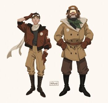 2boys alternate_costume aviator_cap aviator_goggles belt black_jacket black_shirt brown_gloves coat commentary disco_elysium english_commentary eyewear_on_head facial_hair facing_viewer full_body fur_trim gloves hand_on_own_head hand_on_own_leg hands_on_own_hips harry_du_bois jacket kim_kitsuragi leather leather_gloves looking_at_another multiple_boys mutton_chops nipuni pilot scarf shirt standing sweater sweater_tucked_in turtleneck turtleneck_sweater white_scarf