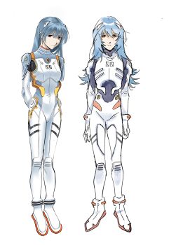Rule 34 | 1girl, adapted costume, arms behind back, ayanami rei, blue hair, bodysuit, commentary, english commentary, evangelion: 3.0+1.0 thrice upon a time, full body, highres, interface headset (evangelion), long hair, looking at viewer, mecha pilot suit, multiple views, neon genesis evangelion, official alternate hairstyle, plugsuit (evangelion), rebuild of evangelion, red eyes, simple background, standing, sweepswoop, white background, white bodysuit