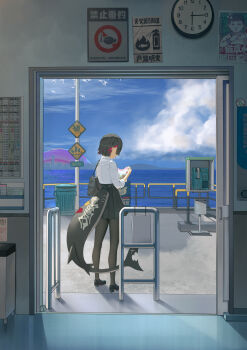 1girl absurdres bag bird black_hair black_pantyhose black_shoes black_skirt blue_sky clock cloud colored_inner_hair earclip ellen_joe ellen_joe_(on_campus) fins fish_tail from_behind full_body highres holding holding_paper hollow_(zenless_zone_zero) lollipop_in_mouth midfinger multicolored_hair ocean official_alternate_costume outdoors pantyhose paper phone poster_(object) red_eyes scar scar_on_tail school_bag shark_girl shark_tail shirt shirt_tucked_in shoes short_hair shoulder_bag sign skirt sky sleeves_rolled_up solo tail trash_can white_bird white_shirt zenless_zone_zero