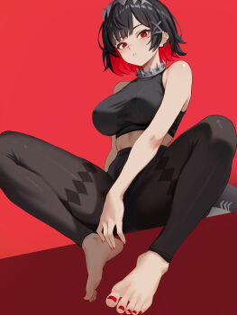 1girl alternate_costume bare_shoulders barefoot black_hair black_pants black_pantyhose black_shirt breasts collar colored_inner_hair commentary crop_top duplicate ellen_joe feet fingernails fins fish_tail hair_ornament higher_resolution_available highres large_breasts looking_at_viewer metal_collar midriff mole mole_under_eye multicolored_hair nail_polish pants pantyhose parted_lips red_background red_eyes red_hair red_nails shark_girl shark_tail shirt short_hair simple_background sitting solo tail toenail_polish toenails toes x_hair_ornament yan_kodiac zenless_zone_zero