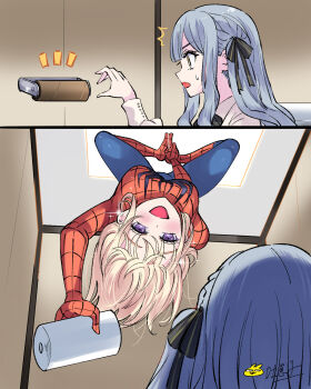 Rule 34 | 2girls, bang dream!, bang dream! it's mygo!!!!!, black ribbon, blonde hair, blue hair, chinese commentary, commentary request, cosplay, hair ribbon, highres, long hair, marvel, medium hair, misumi uika, multiple girls, no toilet paper, on toilet, open mouth, purple eyes, ribbon, sidelocks, spider-man, spider-man (cosplay), spider-man (series), togawa sakiko, toilet paper, toilet paper tube, tu zaizi