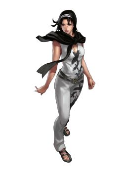 1girl absurdres animal_print belt bird_print black_hair black_sandals black_shawl breasts brown_eyes cleavage grey_belt hairband highres jumpsuit junny kazama_jun medium_breasts medium_hair non-web_source official_art sandals serious shawl sleeveless_jumpsuit solo standing tekken tekken_tag_tournament_2 white_hairband white_jumpsuit