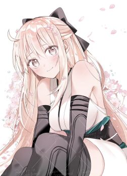 1girl ahoge alternate_hair_length alternate_hairstyle arm_guards black_bow black_thighhighs blonde_hair bow draw_happy_set falling_petals fate/grand_order fate_(series) flower grey_eyes highres japanese_clothes kimono long_hair looking_at_viewer obi okita_souji_(fate) okita_souji_(second_ascension)_(fate) petals sash short_kimono sleeveless sleeveless_kimono solo thighhighs white_kimono