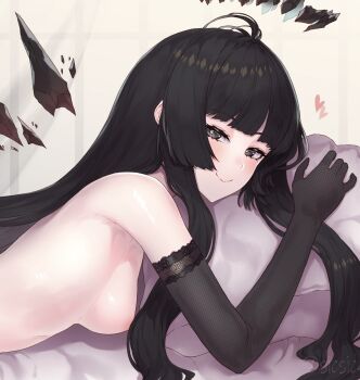 1girl areola_slip arknights bed_sheet black_gloves black_hair black_wings breasts closed_mouth detached_wings elbow_gloves gloves grey_eyes hair_censor halo hand_up highres long_hair lying medium_breasts nude on_stomach pillow sicsic49 smile solo very_long_hair virtuosa_(arknights) wings