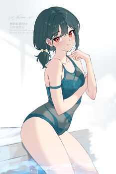 1girl bare_shoulders breasts green_hair green_one-piece_swimsuit highres looking_at_viewer love_live! love_live!_nijigasaki_high_school_idol_club medium_hair mifune_shioriko mifune_shioriko_(kujibikido_swimsuit) mikami_sy navel official_alternate_costume one-piece_swimsuit ponytail pool poolside red_eyes see-through_clothes signature sitting solo swimsuit upper_body water watermark