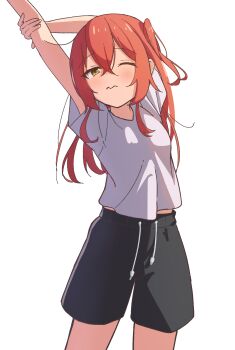1girl alternate_costume arms_up black_shorts bocchi_the_rock! closed_mouth commentary_request cowboy_shot crossed_bangs dot_nose double-parted_bangs green_eyes grey_shirt hair_between_eyes highres kita_ikuyo long_hair one_eye_closed one_side_up red_hair shirt short_sleeves shorts simple_background solo spell_phd standing stretching t-shirt wavy_mouth white_background