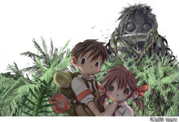1boy 1girl archived_source armband artist_name backlighting backpack bad_link bag bird black_necktie blush book brown_eyes brown_hair collared_shirt english_text foliage green_bag hair_between_eyes jungle kim_soo-min_(image_part) leaf looking_at_viewer low_twintails medium_hair nature necktie open_mouth original outdoors overgrown plant puffy_short_sleeves puffy_sleeves rainforest red_armband shirt short_hair short_sleeves sky sleeping_bag sleeve_cuffs triangle_mouth twintails upper_body vines white_shirt white_sky white_sleeves wing_collar