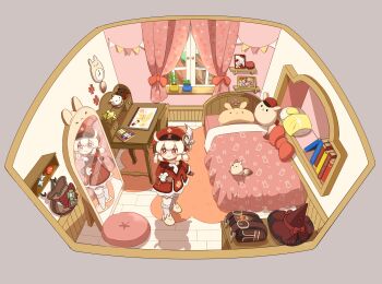 1girl absurdres ahoge animal_slippers aoyagi_(ao0701yagi) backpack bag bag_charm bed bedroom blonde_hair book brown_gloves chair charm_(object) clock commentary crayon curtains dodoco_(genshin_impact) drawing_(object) dress gem genshin_impact gloves grey_background hat hat_feather highres indoors klee_(genshin_impact) kneehighs long_sleeves looking_at_mirror low_twintails mirror newsboy_cap photo_(object) pillow plant pointy_ears potted_plant primogem red_eyes red_gemstone red_hat reflection rug sidelocks slippers smile socks solo stuffed_animal stuffed_toy symbol-only_commentary twintails unworn_backpack unworn_bag wall_clock white_socks window witch_hat wooden_chair wooden_desk