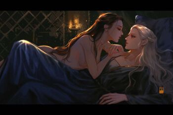 2girls a_song_of_ice_and_fire absurdres blue_dress braid brown_hair candle clothed_female_nude_female commentary dress english_commentary eye_contact half_up_braid highres house_of_the_dragon indoors letterboxed long_hair long_sleeves looking_at_another lying_on_person midnightnolvyz multiple_girls mysaria nude parted_lips purple_eyes reclining red_lips rhaenyra_targaryen white_hair yuri