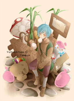 1boy apple baguette bamboo blue_hair bread brown_gloves brown_pants brown_shirt brown_shoes carrot cobblestone eating english_text eyeshadow food fruit full_body fumiddition gloves grapes green_apple green_vest grey_socks long_sleeves looking_at_viewer makeup male_focus merchant_(ragnarok_online) monkey mushroom open_clothes open_vest pants poring pullcart ragnarok_online red_eyeshadow shirt shoes short_hair sign slime_(creature) socks solo steamed_bun vest yellow_eyes yoyo_(ragnarok_online)