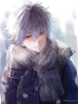 1boy black_gloves blush breath coat commentary gloves grey_hair highres male_focus nagisa_kaworu neon_genesis_evangelion parted_lips red_eyes scarf short_hair snowing solo soraaaa53 symbol-only_commentary teeth twitter_username upper_body winter_clothes