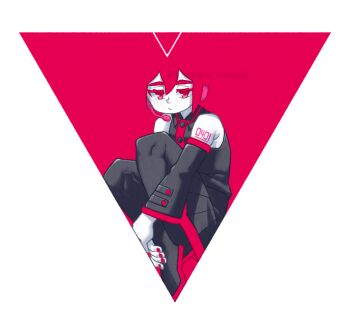 1girl bare_shoulders black_boots black_shirt boots buttons closed_mouth detached_sleeves full_body headset highres kanbaru_mitsuki kasane_teto kasane_teto_(utau) long_sleeves looking_at_viewer miniskirt pleated_skirt red_eyes red_hair red_nails shirt skirt sleeveless sleeveless_shirt solo thigh_boots triangle utau