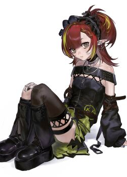 1girl arknights bandage_on_knee bandaid bandaid_on_cheek bandaid_on_face bare_shoulders black_bonnet black_choker black_dress black_skirt black_thighhighs blue_nails bonnet braid brown_eyes choker commentary_request detached_sleeves do_natsunn dress earrings gauze_on_knee gothic_punk green_hair green_skirt highres jewelry legwear_garter long_hair looking_at_viewer material_growth multicolored_hair oripathy_lesion_(arknights) pointy_ears red_hair simple_background single_legwear_garter single_thighhigh skirt solo streaked_hair tecno_(arknights) thighhighs two-sided_fabric two-sided_skirt