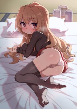 1girl absurdres aisaka_taiga ass backlighting black_shirt black_thighhighs blush brown_eyes brown_hair can clothes_lift feet female_focus from_behind full_body futon heavy_breathing highres loli long_hair long_sleeves looking_at_viewer lying on_side panties pillow red_skirt shirt skindentation skirt skirt_lift sleeves_past_wrists solo steam steaming_body sweat tatami textless_version thighhighs thighs toradora! underwear wagashi_(dagashiya) white_panties