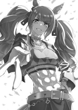 1girl abs absurdres animal_ears argyle_clothes argyle_shirt bandeau belt breasts collar commentary_request crop_top cropped_jacket fishnet_top fishnets greyscale grin highres horse_ears horse_girl horse_tail jacket jewelry long_hair long_sleeves looking_at_viewer midriff monochrome navel open_mouth outstretched_arm reaching reaching_towards_viewer senchan_7 skirt smile solo stomach striped_bandeau sweat tail teeth tosen_jordan_(jokester_vibes)_(umamusume) tosen_jordan_(umamusume) twintails umamusume v