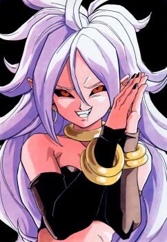 1girl absurdres android_21 bare_shoulders black_background black_sclera black_tube_top colored_sclera commentary dragon_ball dragon_ball_fighterz earrings english_commentary grey_hair highres hoop_earrings jewelry long_hair majin_android_21 parted_lips pointy_ears red_eyes saliva silverwoodwork simple_background smirk solo strapless tube_top upper_body