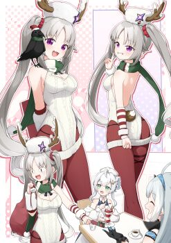 <|>_<|> 3girls absurdres ahoge antlers arm_warmers backless_leotard bastelina_(stella_sora) bird blue_hairband breasts christmas christmas_present cleavage_cutout clothing_cutout commentary crow cup deer_antlers deer_tail fake_antlers fake_tail fang female_tyrant_(stella_sora) food fur_hat gift green_eyes green_scarf grey_hair grin hairband hat heart_cutout highres holding holding_sack horns jacket laru_(snowish)_(stella_sora) laru_(stella_sora) leggings leotard long_hair looking_at_another medium_breasts multiple_girls multiple_views official_alternate_costume open_mouth parfait purple_eyes red_leggings ribbed_leotard sack santa_hat scarf shiroba_kamiya sitting skin_fang smile stella_sora tail teacup twintails tyrant_(stella_sora) very_long_hair white_hat white_jacket white_leotard