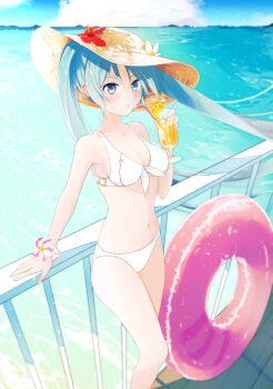 1girl absurdres against_railing bikini blue_eyes blue_hair bracelet breasts commentary_request cup day drinking_glass drinking_straw feet_out_of_frame flower flower_bracelet food fruit hat hat_flower hatsune_miku highres innertube jewelry long_hair medium_breasts monyo0303 navel ocean orange_(fruit) orange_slice outdoors railing sky solo sun_hat swim_ring swimsuit tropical_drink twintails very_long_hair vocaloid water wrist_flower