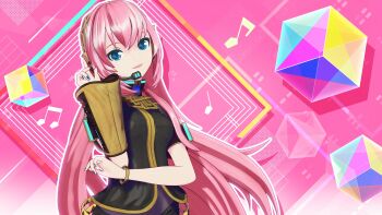 1girl 3d armband belt black_jacket blue_eyes blue_nails game_cg hand_on_own_elbow headphones highres jacket long_hair looking_at_viewer megurine_luka musical_note non-web_source official_art pink_background pink_hair pointing pointing_up project_diva_(series) project_diva_mega39's simple_background smile solo vocaloid wristband