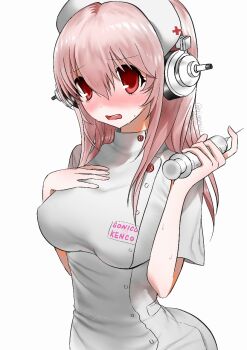 1girl 2000s_(style) artist_name blush breast_suppress breasts buttons character_name clothes_writing covered_erect_nipples cross curvy double-parted_bangs dress embarrassed faux_retro_artstyle furrowed_brow hair_between_eyes hat headphones holding holding_syringe large_breasts long_hair nervous_sweating nitroplus niyemiiii nose_blush nurse nurse_cap open_mouth pink_hair red_cross red_eyes short_sleeves simple_background solo straight_hair super_sonico sweat syringe taut_clothes taut_dress upper_body white_background white_dress white_hat wide_hips