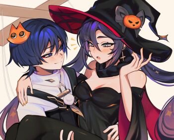 1boy 1girl absurdres alternate_costume aqua_eyes arm_around_shoulder artist_name asymmetrical_bangs bare_shoulders black_dress black_hat black_overalls black_pantyhose black_sleeves blue_hair blunt_bangs blunt_ends blush bow breasts bright_pupils cape carrying casual cat_hair_ornament cleavage closed_mouth contemporary couple detached_sleeves dress eyelashes eyeliner eyeshadow formal_clothes fur_collar genshin_impact gradient_hair grey_bow hair_between_eyes hair_ornament halloween halloween_costume hand_on_another&#039;s_shoulder hand_on_another&#039;s_thigh hat hat_bow hetero highres inverted_cross_earrings long_hair looking_at_another makeup marionette marionette_controller medium_breasts memeh mona_(genshin_impact) multicolored_hair notice_lines official_alternate_costume open_mouth orange_nails overalls pantyhose parted_bangs pink_hair princess_carry pumpkin_hat_ornament puppet purple_eyes purple_hair red_cape red_eyeliner red_eyeshadow red_hat red_sleeves scaramouche_(genshin_impact) shirt sidelocks smile star_(symbol) star_print streaked_hair tsurime turtleneck turtleneck_shirt twintails two-sided_fabric two-sided_headwear two-sided_sleeves undershirt very_long_hair wanderer_(genshin_impact) white_background white_pupils white_shirt wide_sleeves witch witch_hat